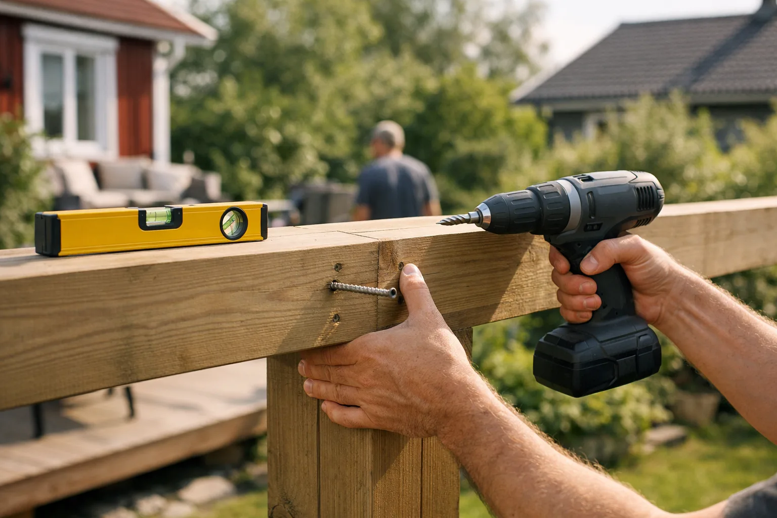 Bjälke skruvas fast i en träpergola.