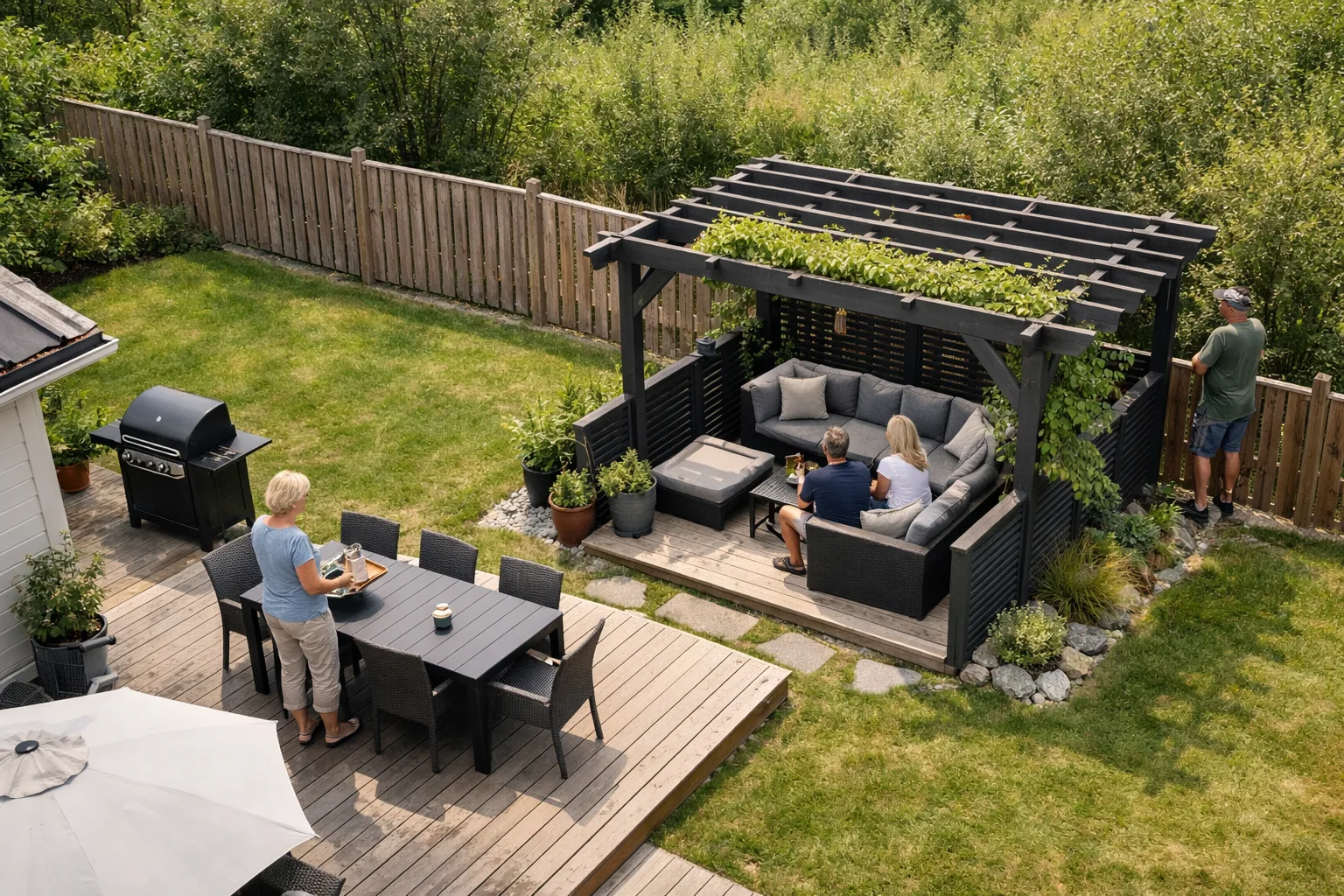 Pergola på tomt med altan och staket.