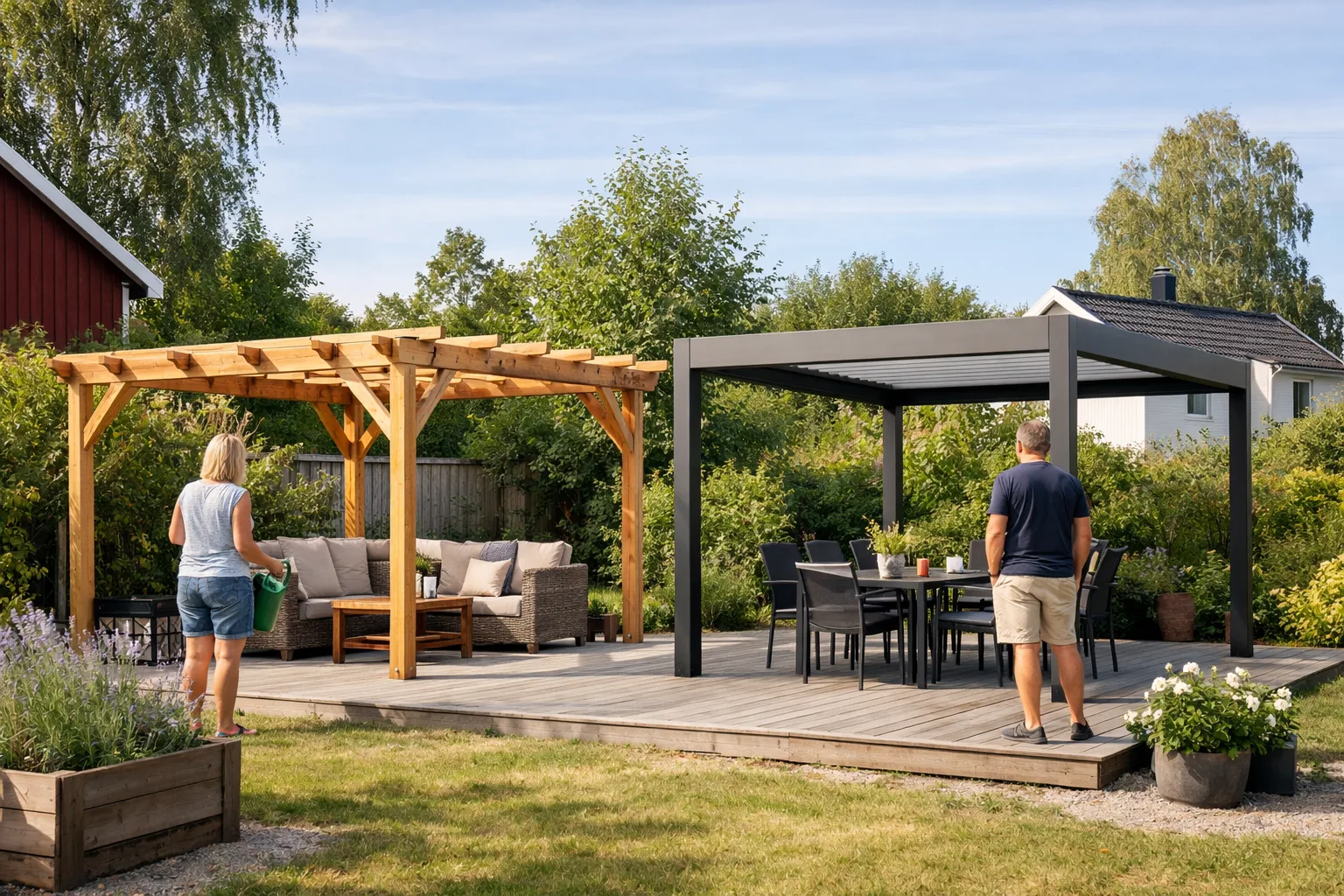 Träpergola och aluminiumpergola sida vid sida.