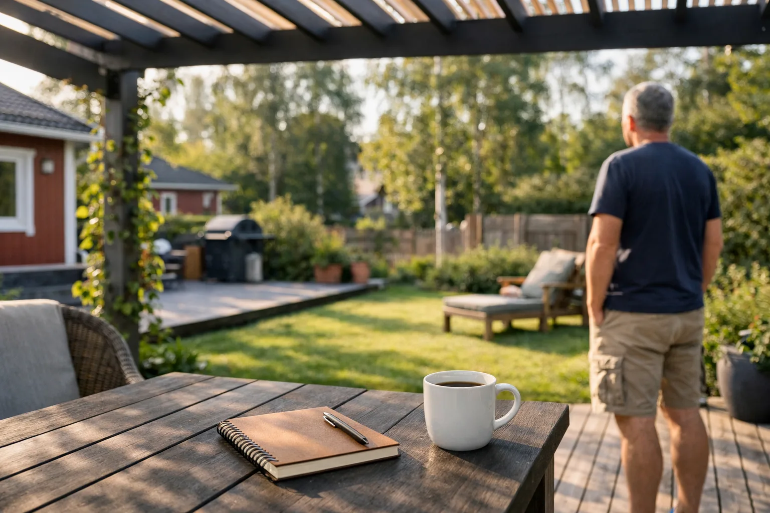 Pergola med kaffe och anteckningsbok på bordet.