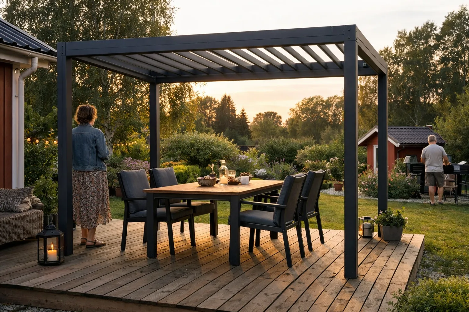 Pergola över matbord på en villaaltan.
