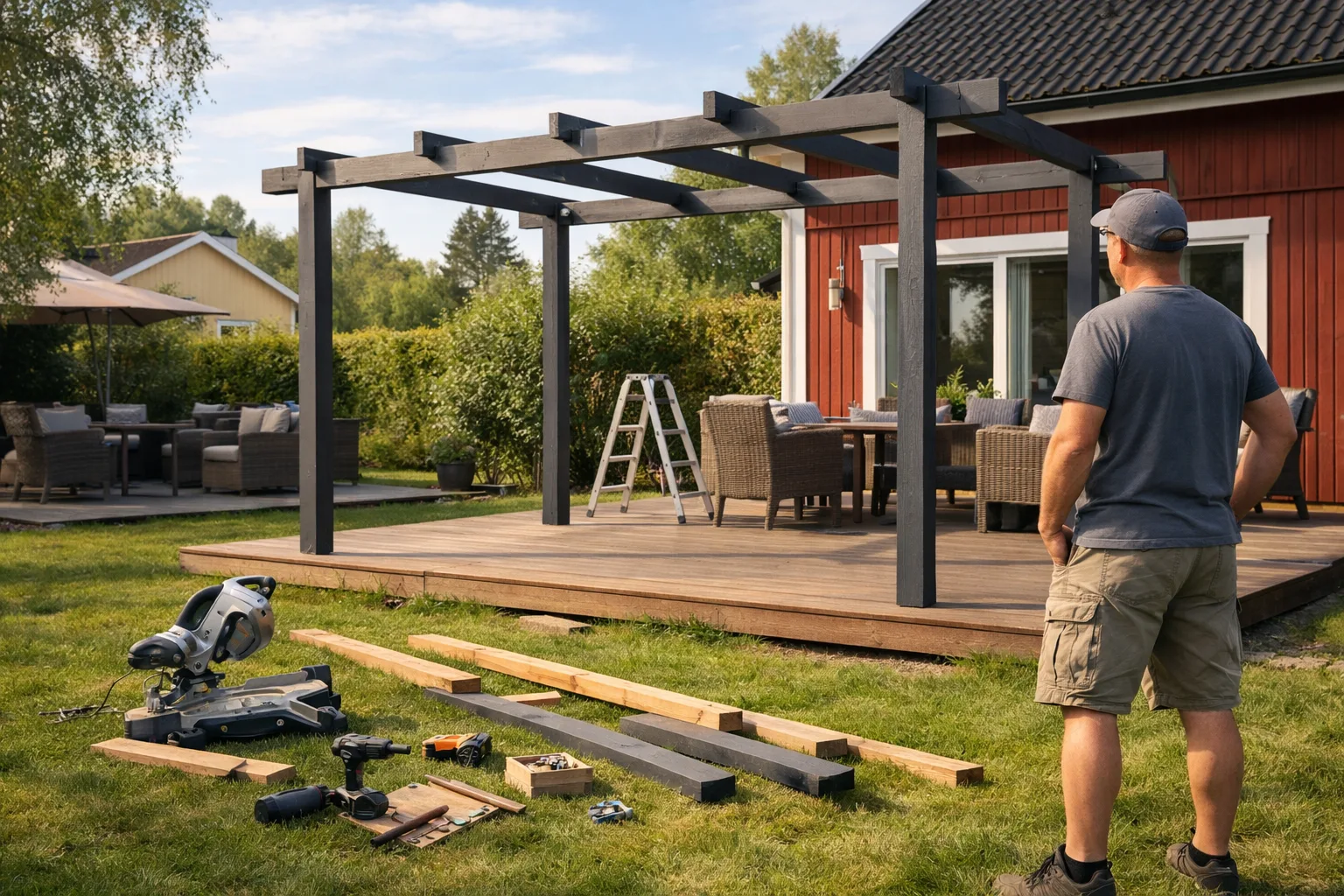Halvmonterad pergola med verktyg på marken.