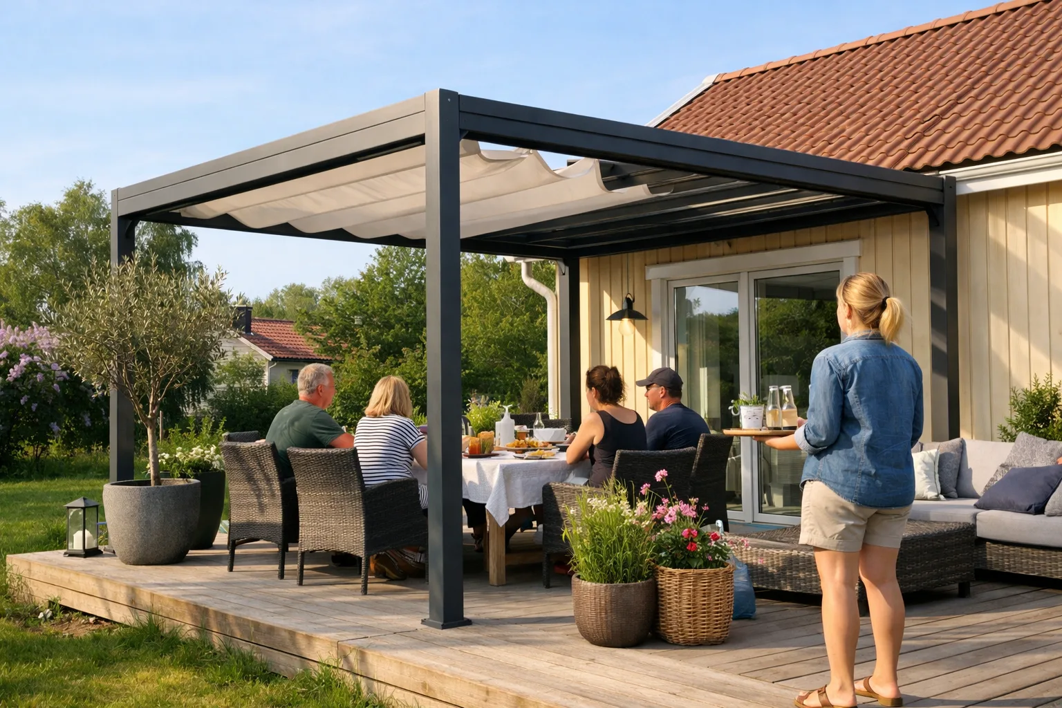 Skjutbart duktak på en pergola.