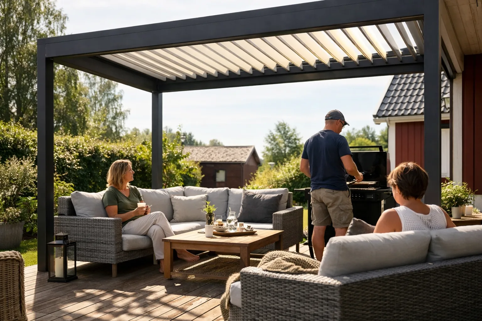 Pergola med öppna lameller över en uteplats.