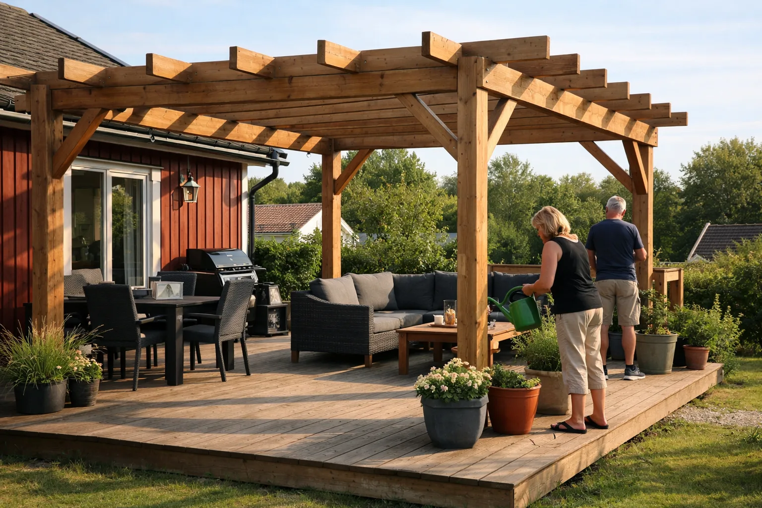 Träpergola över en trätrall.