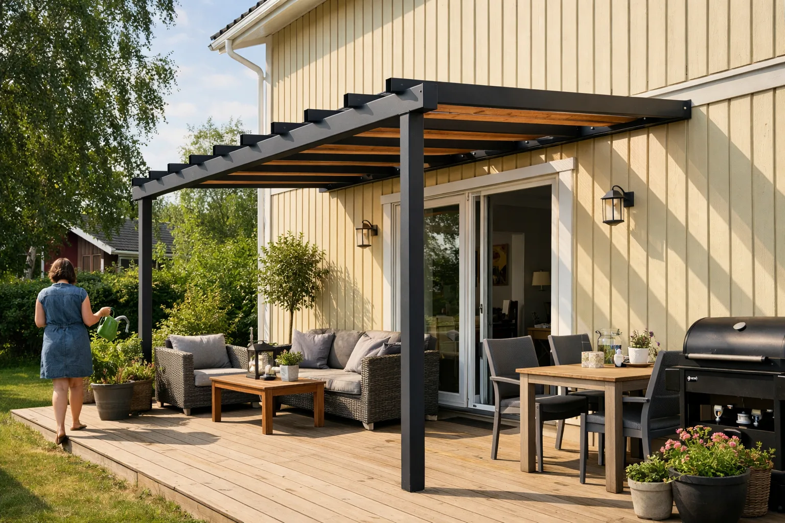 Pergola fäst i husväggen över en altan.