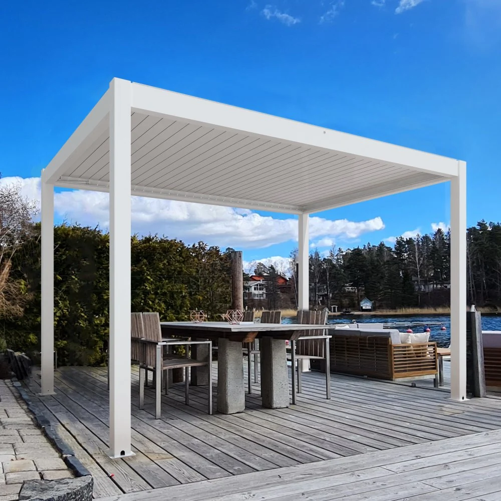 Metalcraft Motor LED 4×3 m, vit aluminiumpergola med lamelltak