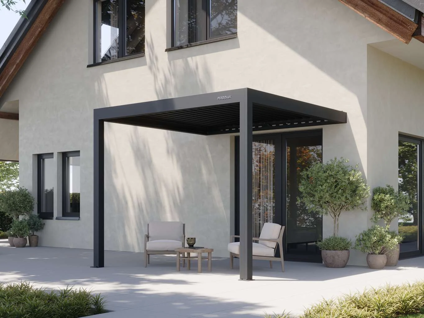 PERGOLUX Pergola 4 3×3 m, antracit väggmonterad pergola med lamelltak